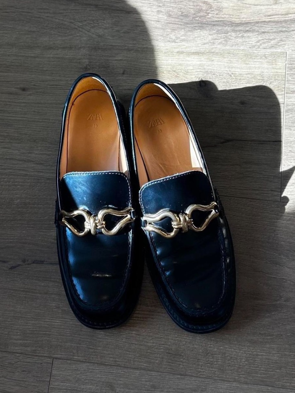 Black Leather Loafers with Gold Hardware